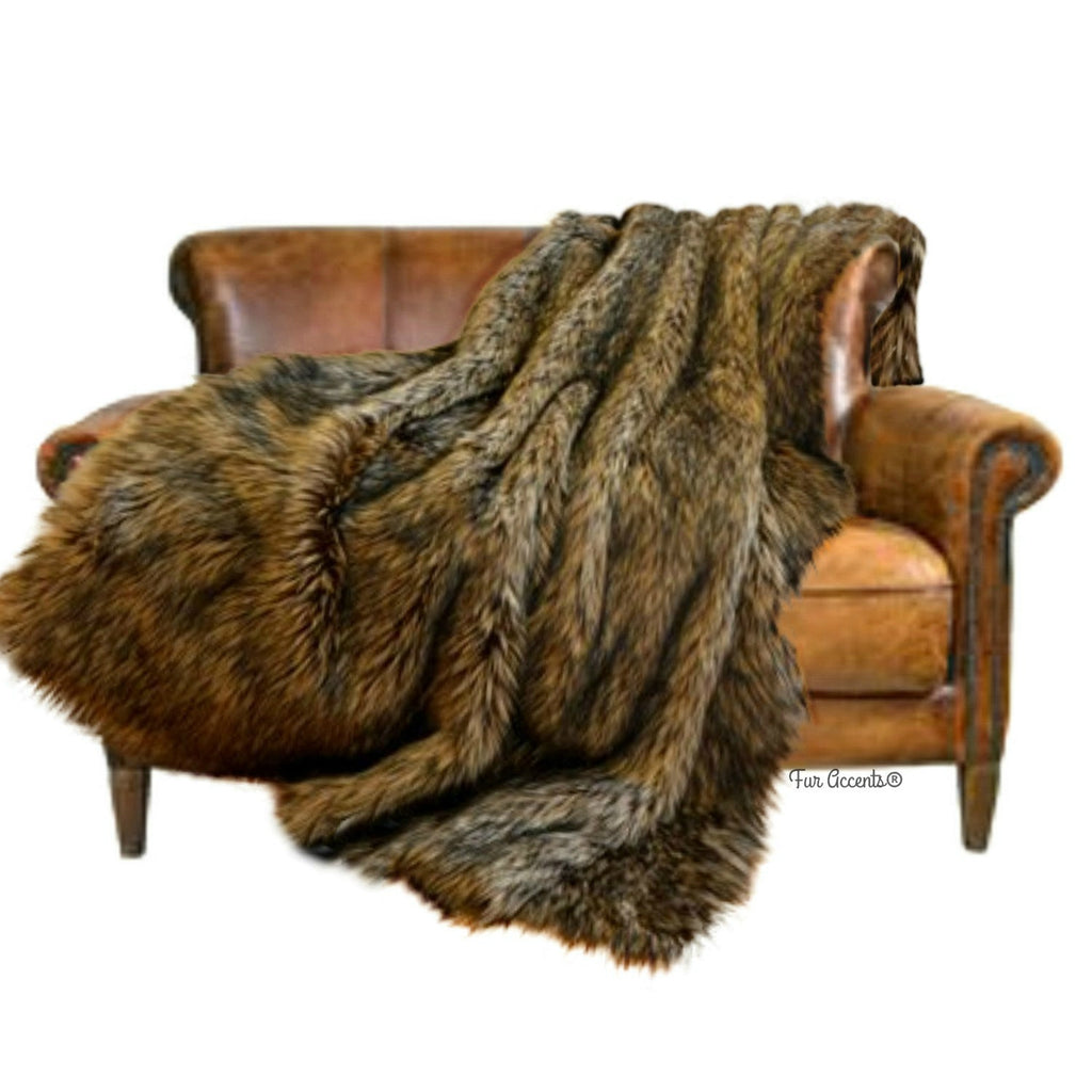 Plush  Faux Fur Throw Blanket, Soft Brown Wolf Fur Bedspread - Luxury Fur - Minky Cuddle Fur Lining Fur Accents USA