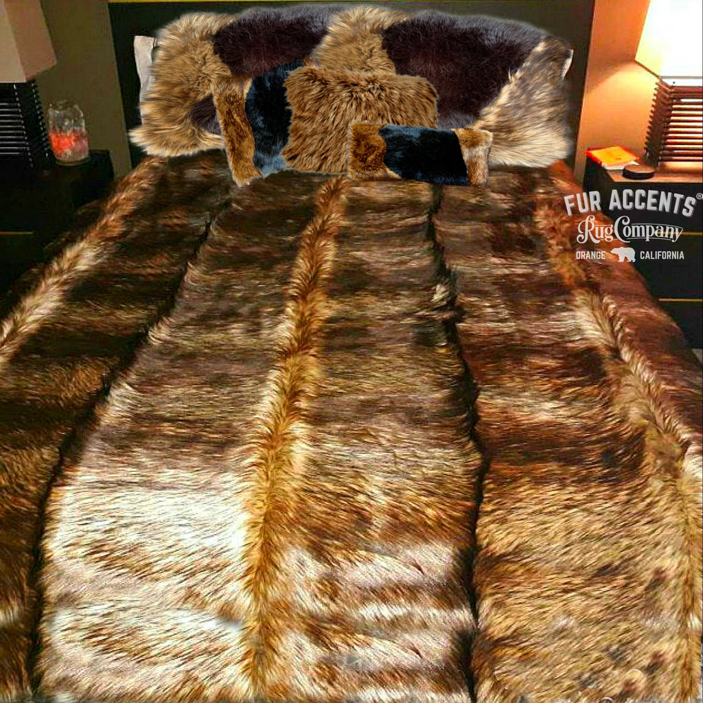 Plush Faux Fur Throw Blanket / Bedspread- Golden Wolf Stripe - Pieced Fur Shag Wolf - Hand Sewn - Micro Suede Lining - Fur Accents - USA