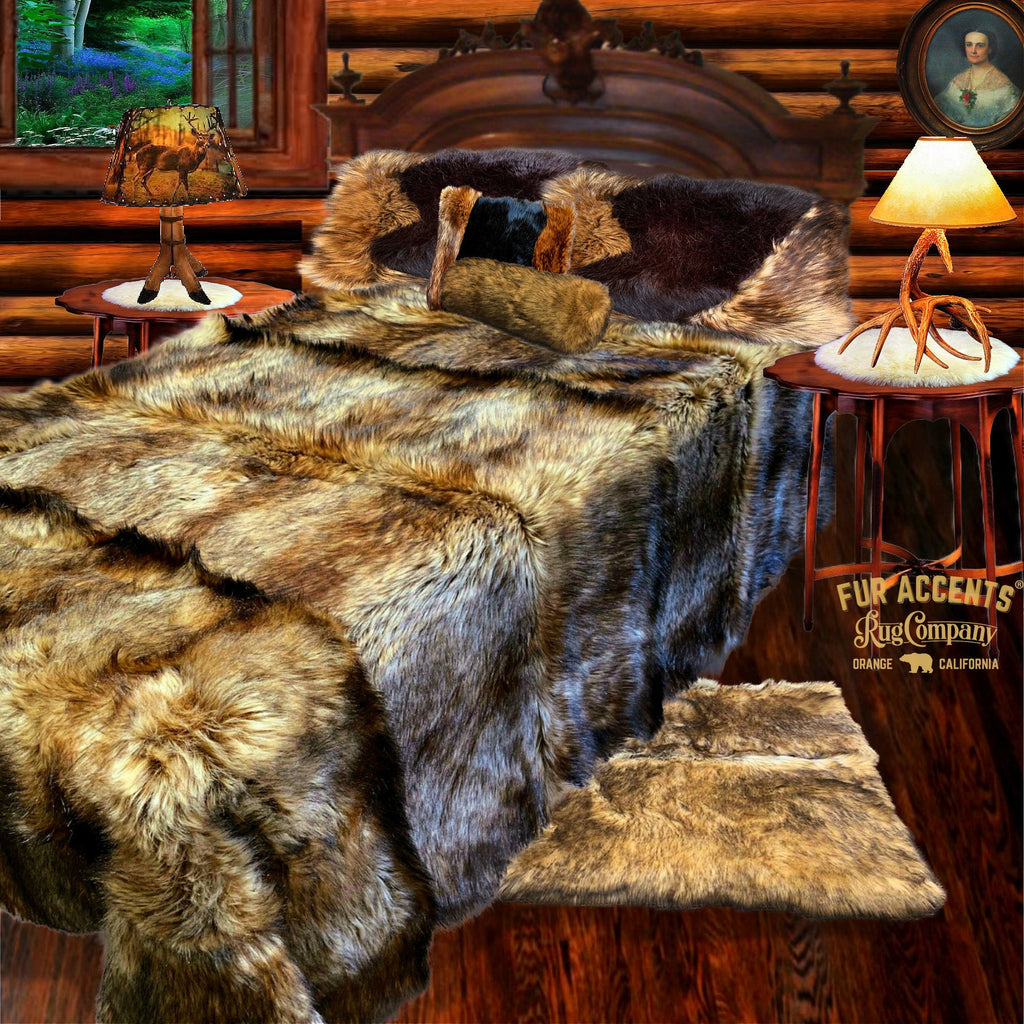 Plush Faux Fur Throw Blanket / Bedspread- Golden Wolf Stripe - Pieced Fur Shag Wolf - Hand Sewn - Micro Suede Lining - Fur Accents - USA