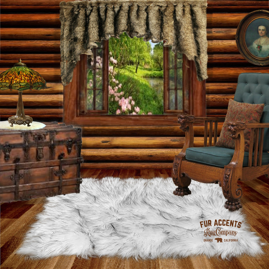 Plush Faux Fur Throw Area Rug - White Shag Sheepskin with Brown Tips - Arctic Wolf  - Ultra-Suede Lining - Fur Accents - USA