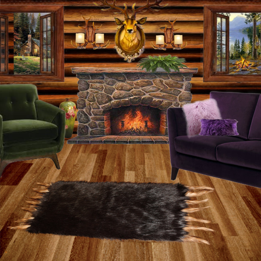 Rustic, Rugged, Hand Made Brown Grizzly Bear Skin Rug with Golden Wolf Tails. Realistic. Premium Quality Faux Fur Area Rug. Lodge. Log Cabin. Man Cave. Family Room, Great Room. Throw Rug. Old Fashion. Rustic. Cottage Décor. Shag. Gifts for Him