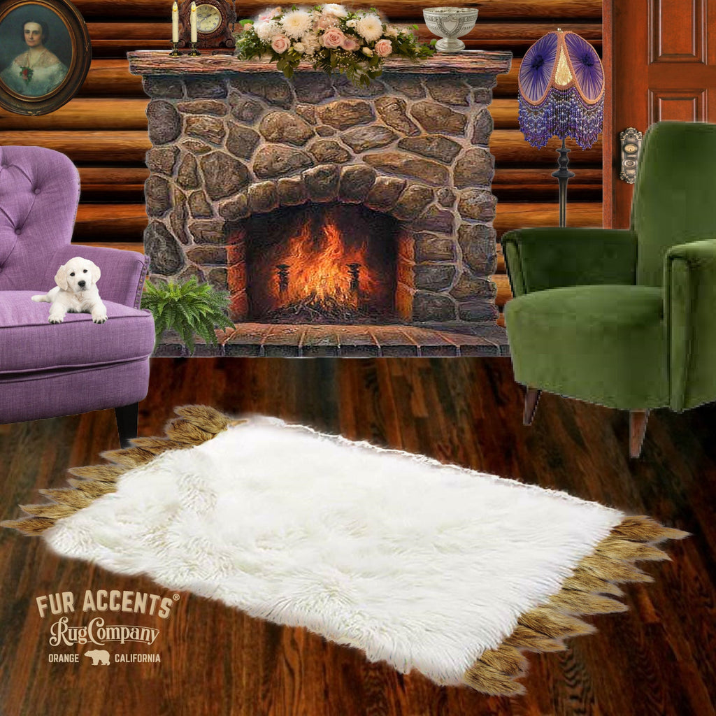 Rustic Rugged Polar Bear Skin Rug with Golden Wolf Tails. Realistic. Premium Quality Faux Fur Area Rug. Lodge. Log Cabin. Man Cave. Family Room, Great Room. Throw Rug. Old Fashion. Rustic. Cottage Décor. Shag. Gifts for Him