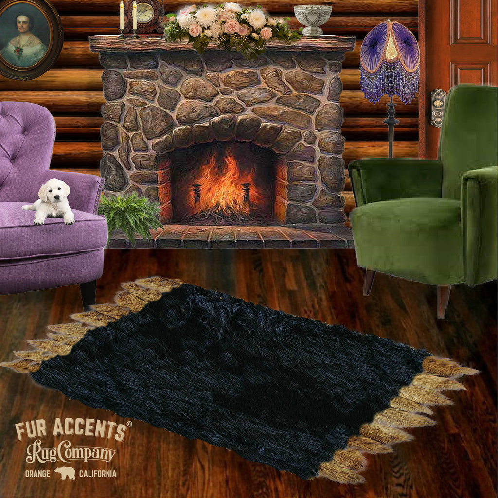 Hand Made Brown Grizzly Bear Skin Throw with Golden Wolf Tail Edge. Realistic. Premium Quality Faux Fur Area Rug. Lodge. Log Cabin. Man Cave. Throw Blanket. Wrap. Cottage Décor. Fur Accents USA