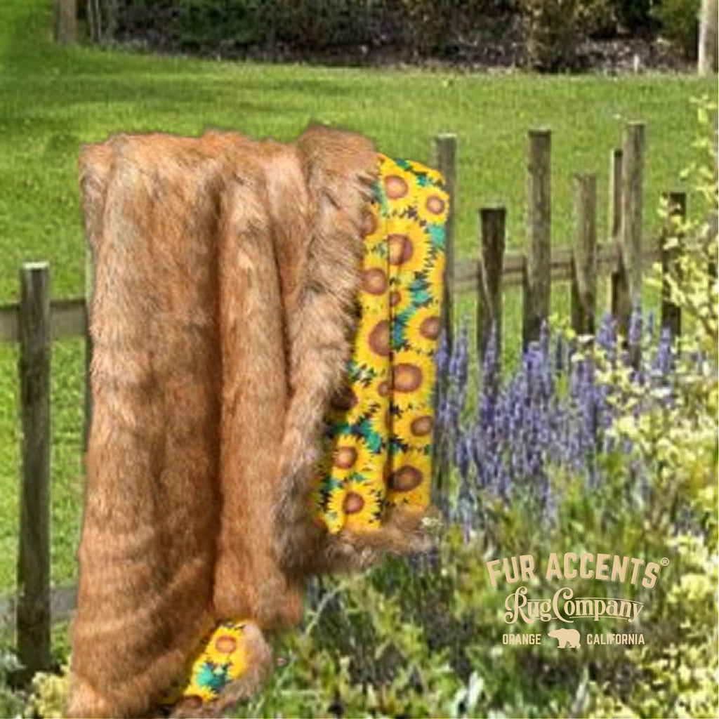 Plush  Faux Fur Throw Blanket, Soft, Light Brown Wolf, Luxury Fur, Beautiful Golden Sunflower Garden Lining, Fur Accents USA